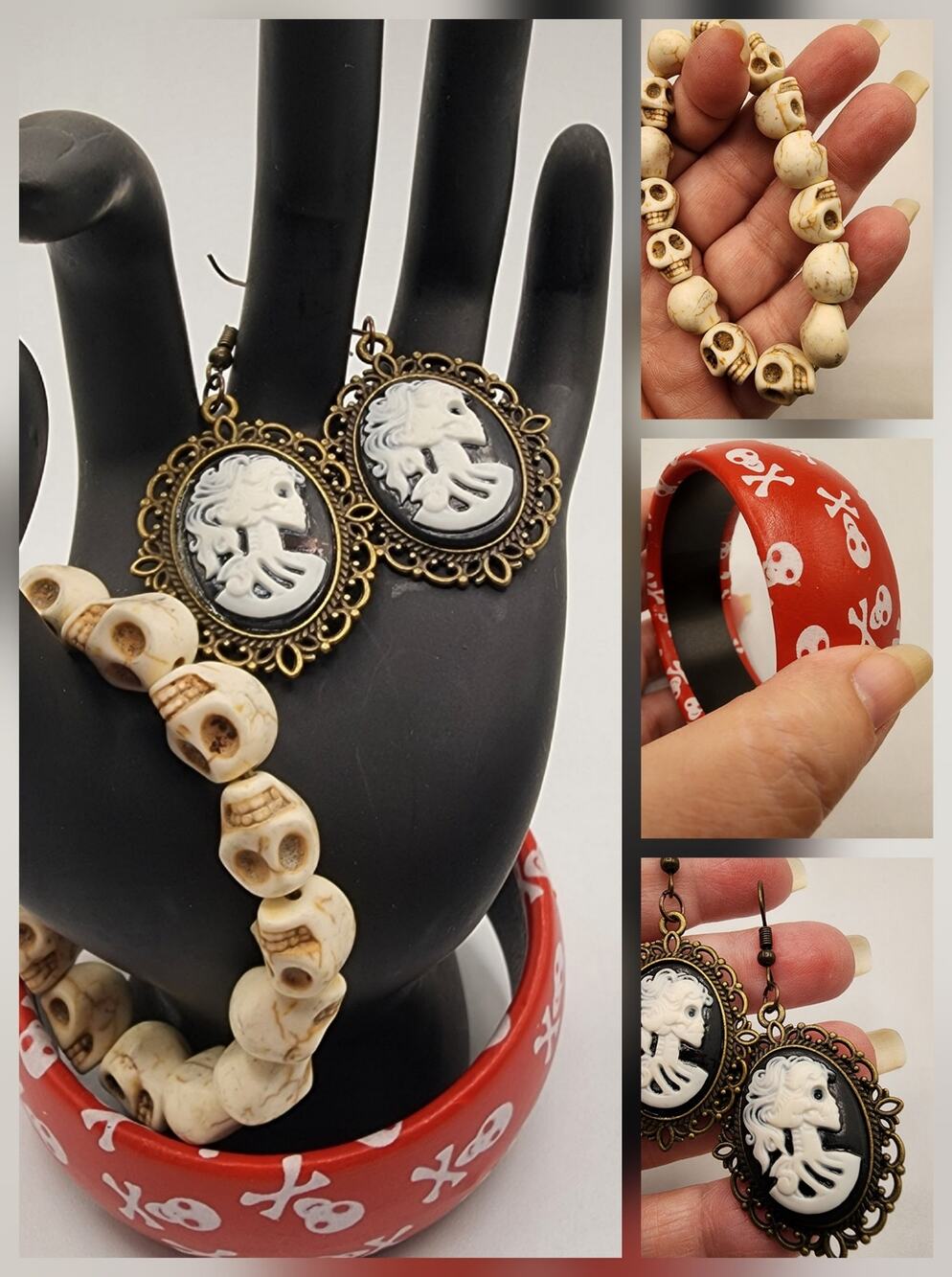 Halloween Skull Jewelry Lot Spooky Cameo Victorian Revival Earrings 2 Bracelets